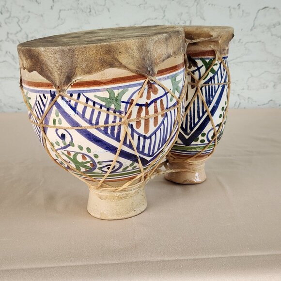 Moroccan Hand-Painted Ceramic Bongo Drums with Goat Hide – Handmade Folk Art - Picture 4 of 16